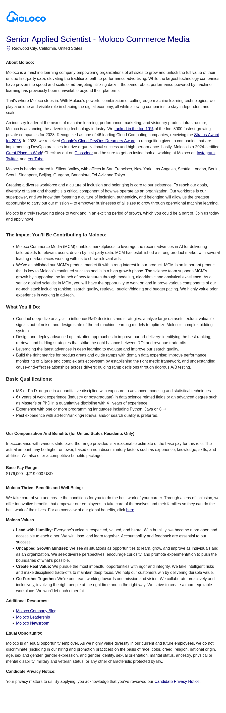 몰로코 Senior Applied Scientist - Moloco Commerce Media 채용공고