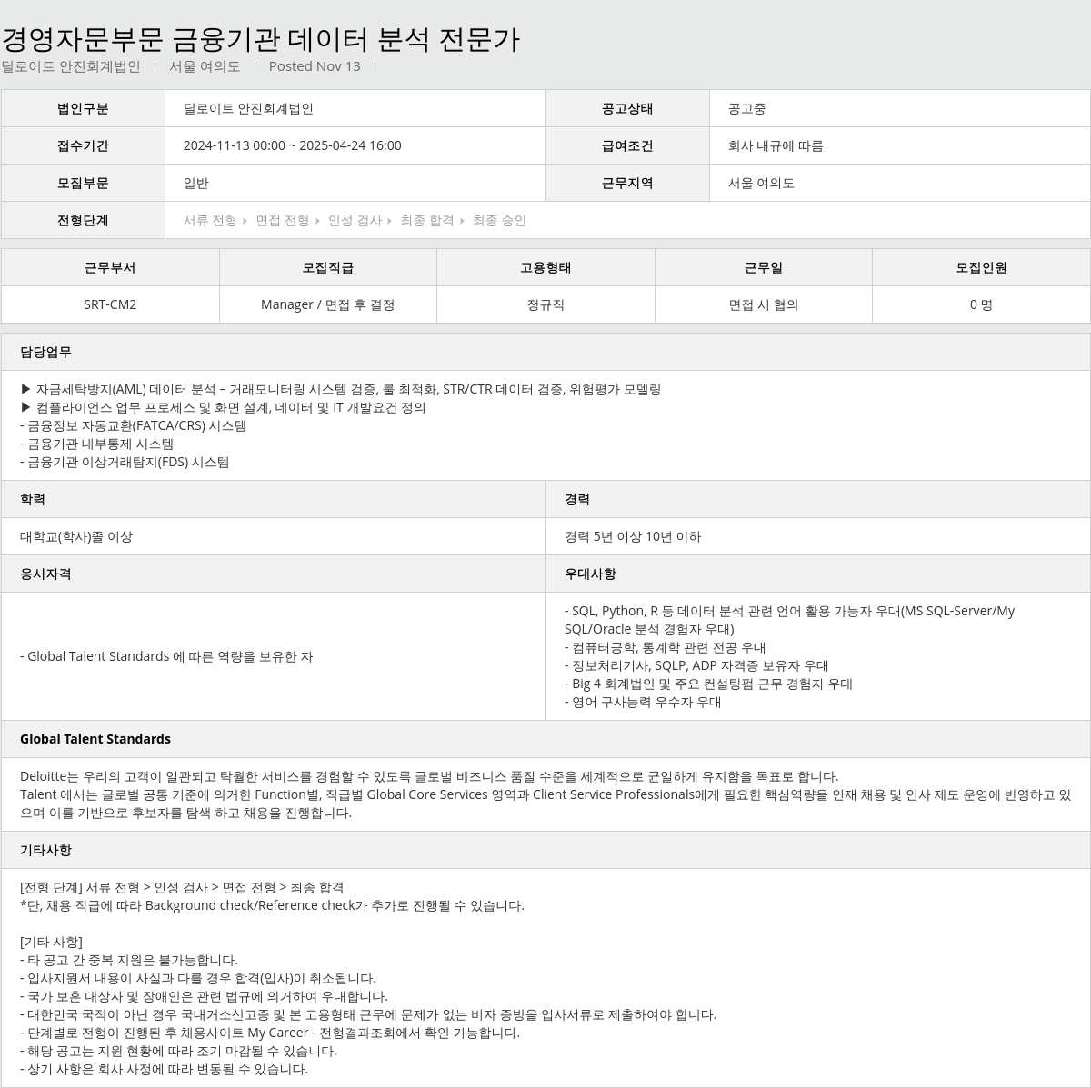 딜로이트안진 경영 자문 부문 금융 기관 데이터 분석 전문가 채용공고