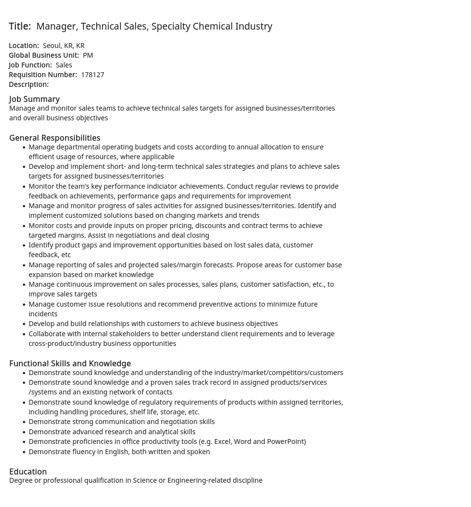 DKSH코리아 Manager, Technical Sales, Specialty Chemical Industry 채용공고
