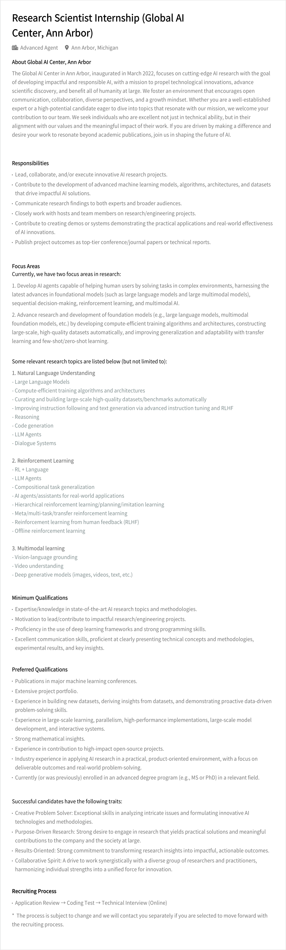 LGAI연구원 Research Scientist Internship (Global AI Center, Ann Arbor) 채용공고