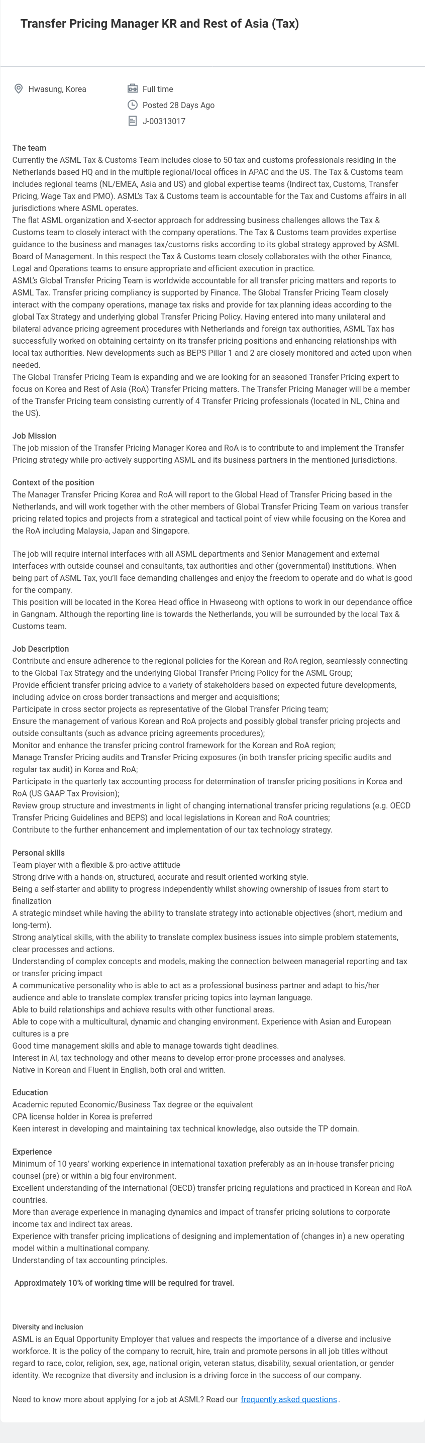 ASML Transfer Pricing Manager KR and Rest of Asia (Tax) 채용공고