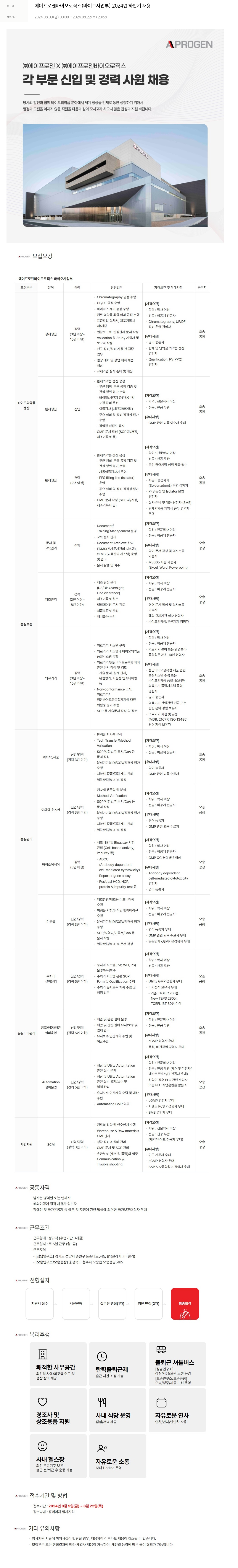 에이프로젠 에이프로젠 바이오로직스(바이오 사업부) 2024년 하반기 채용 채용공고