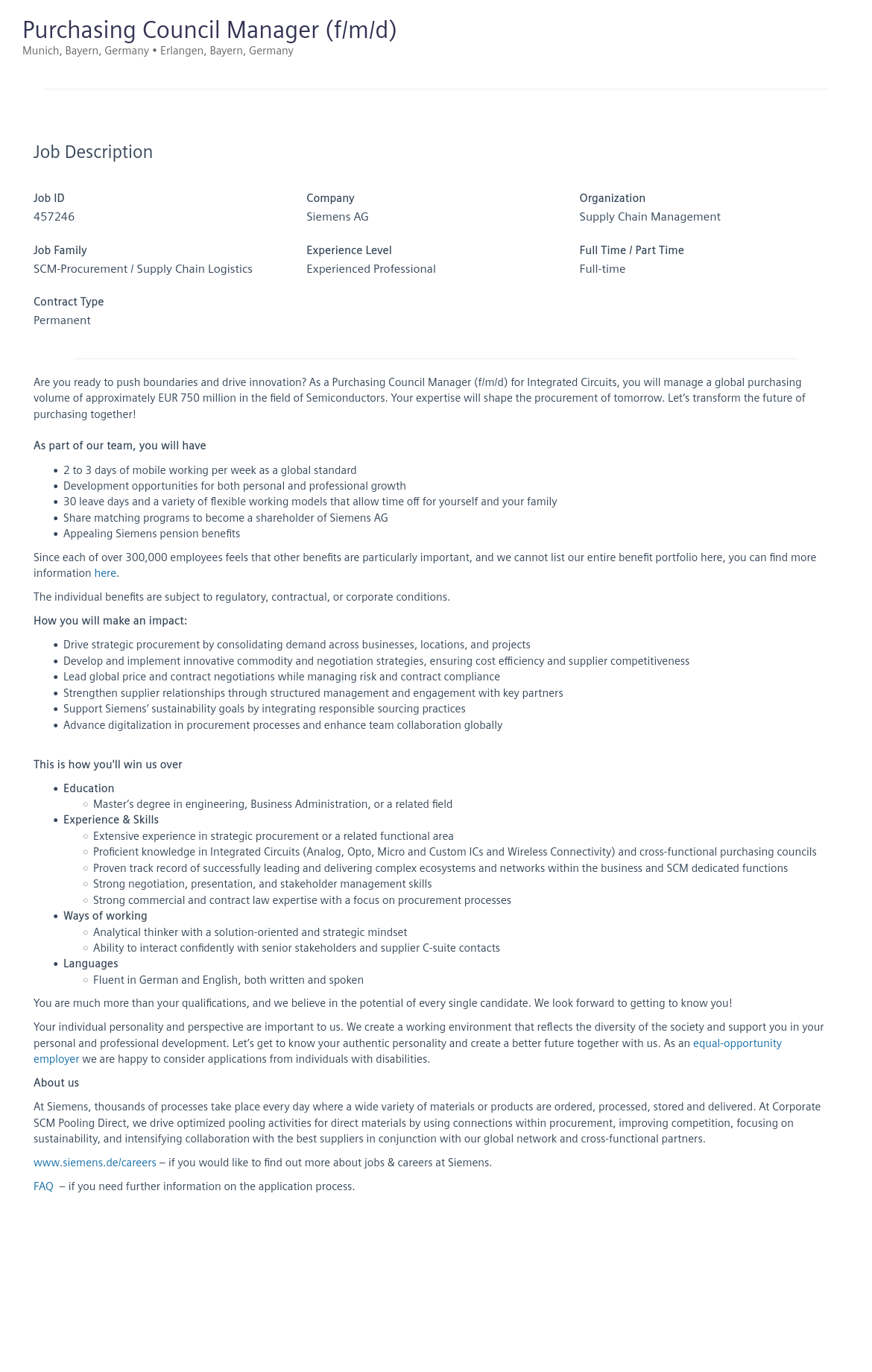 지멘스 Purchasing Council Manager (f/m/d) 채용공고