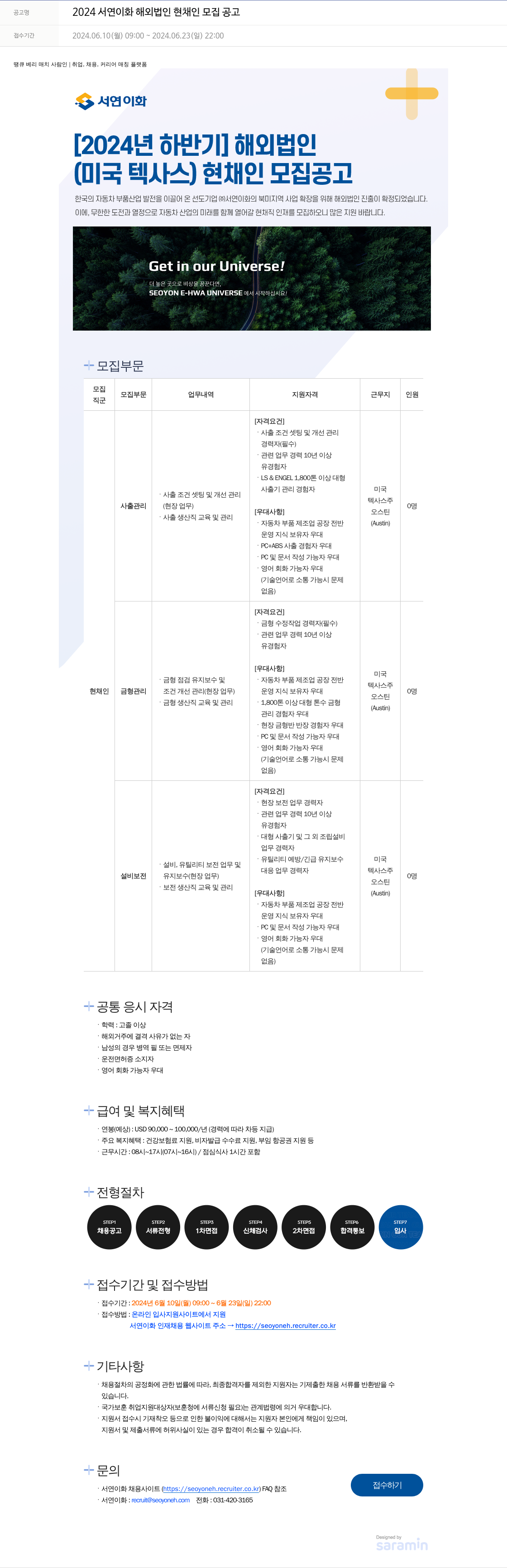 서연이화 2024 서연 이화 해외 법인 현채 인 모집 공고 채용공고