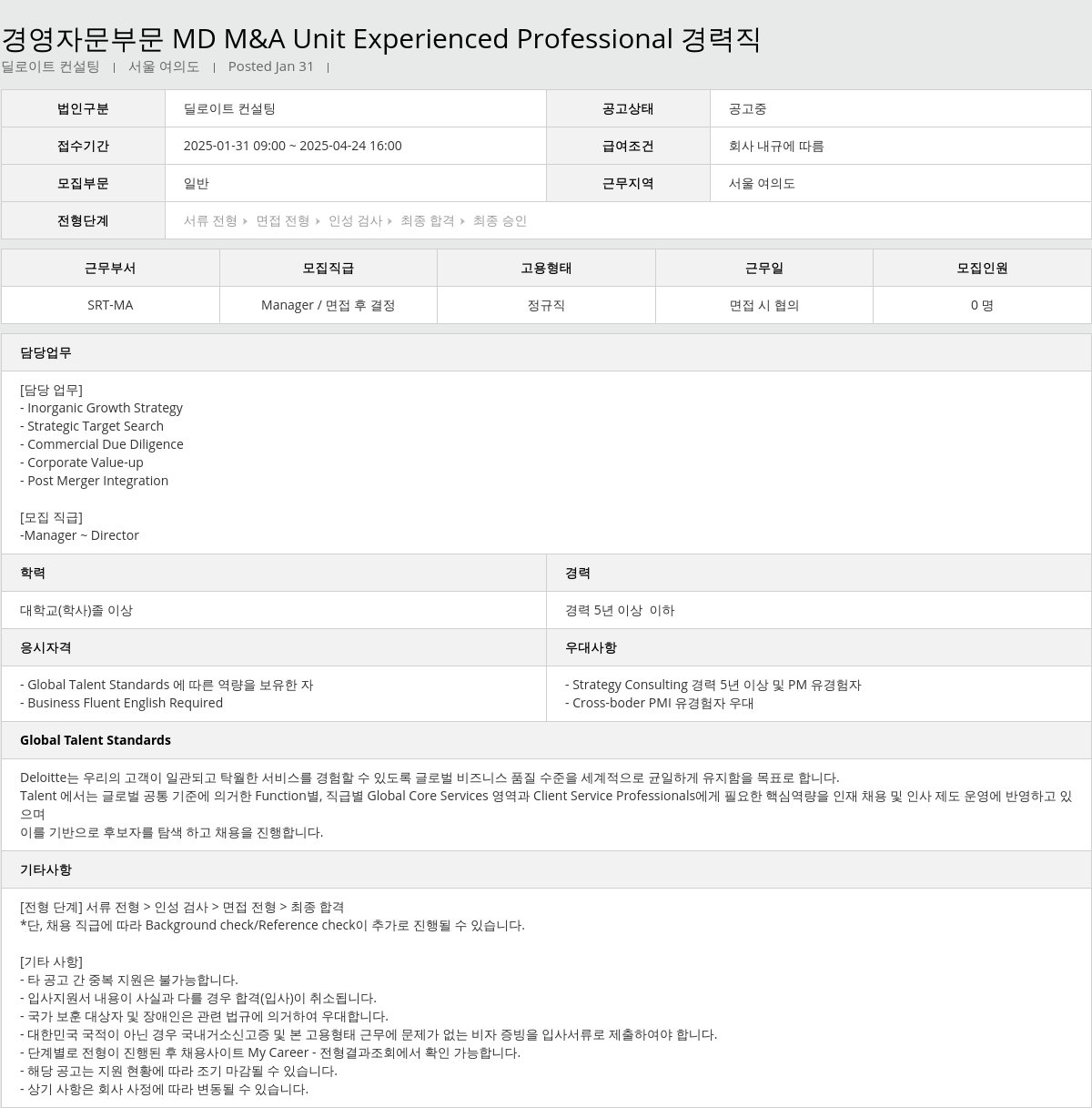 딜로이트안진 경영 자문 부문 MD M & A Unit Experienced Professional 경력직 채용공고