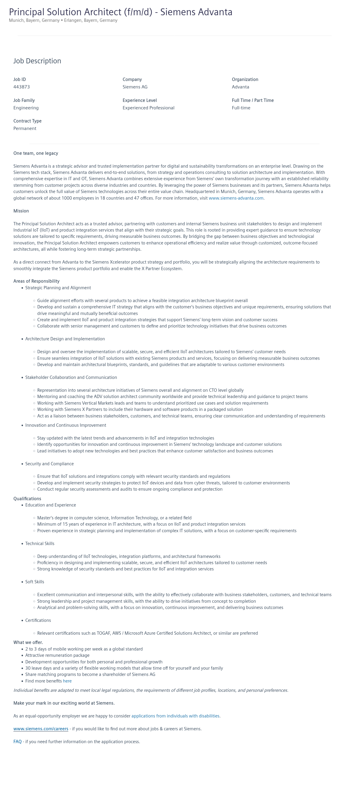 지멘스 Principal Solution Architect (f/m/d) - Siemens Advanta 채용공고