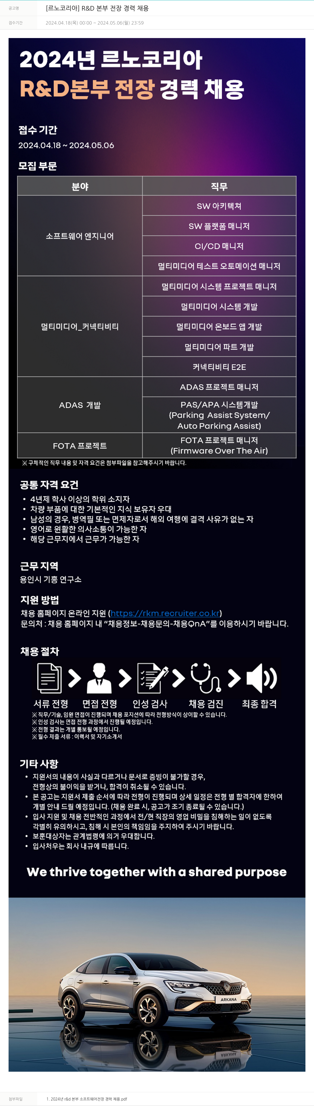 르노코리아 [르노 코리아] R & D 본부 전장 경력 채용 채용공고