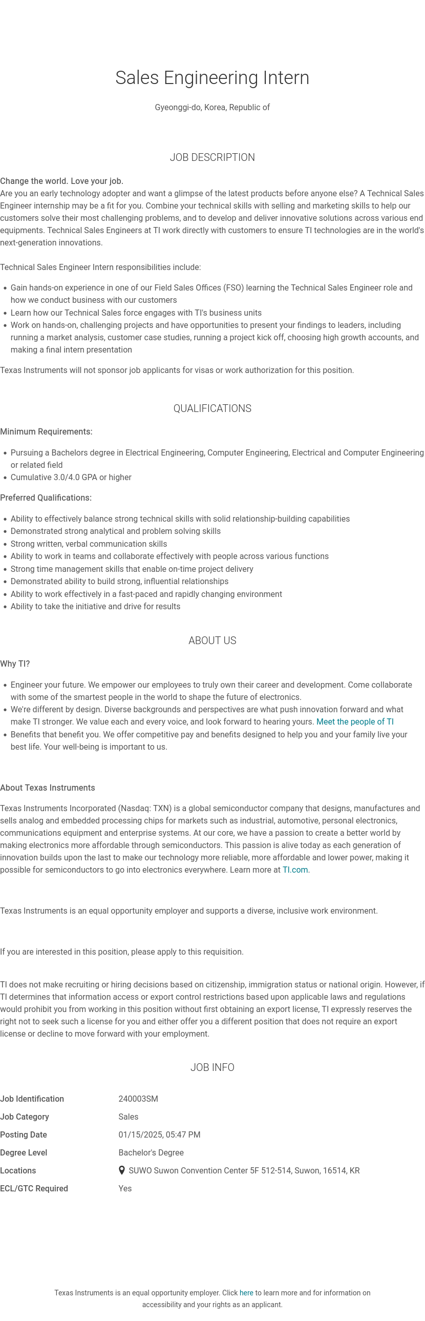 텍사스인스트루먼트코리아 Sales Engineering Intern 채용공고