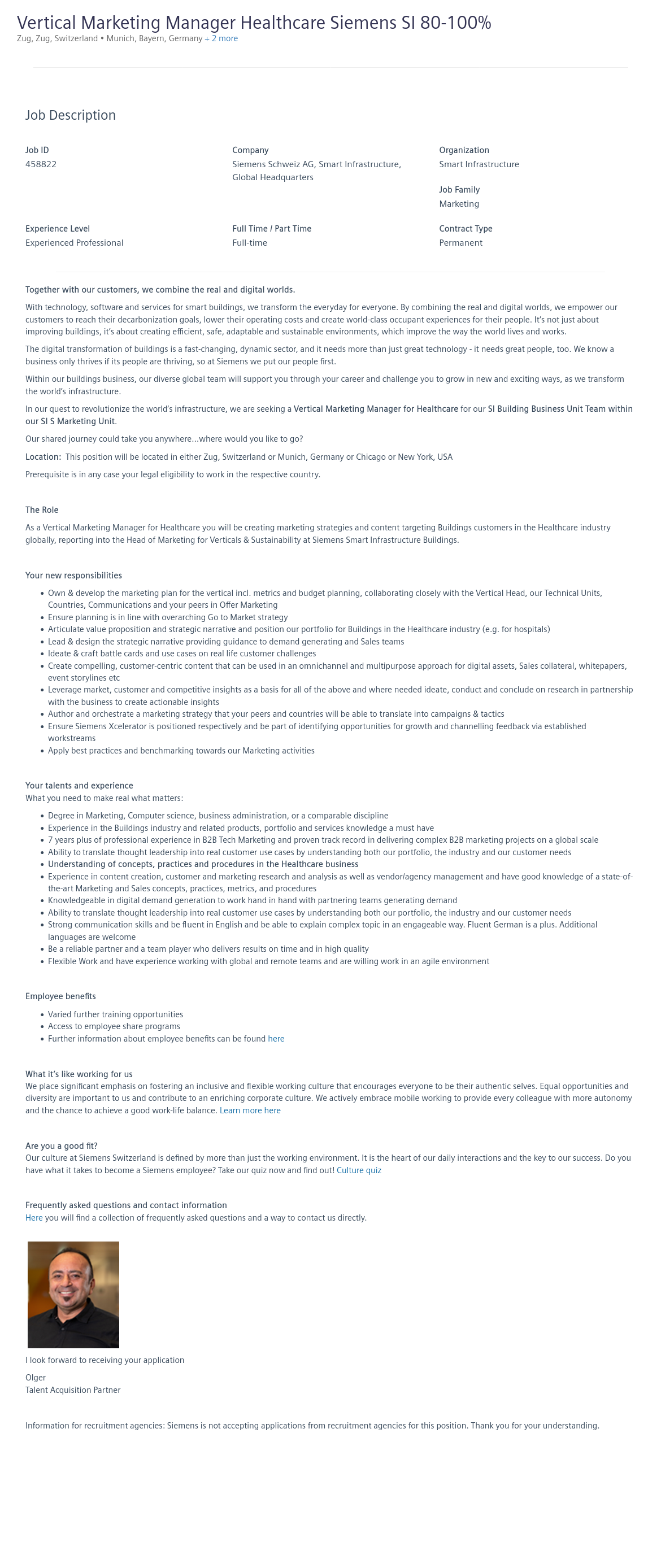 지멘스 Vertical Marketing Manager Healthcare Siemens SI 80-100% 채용공고
