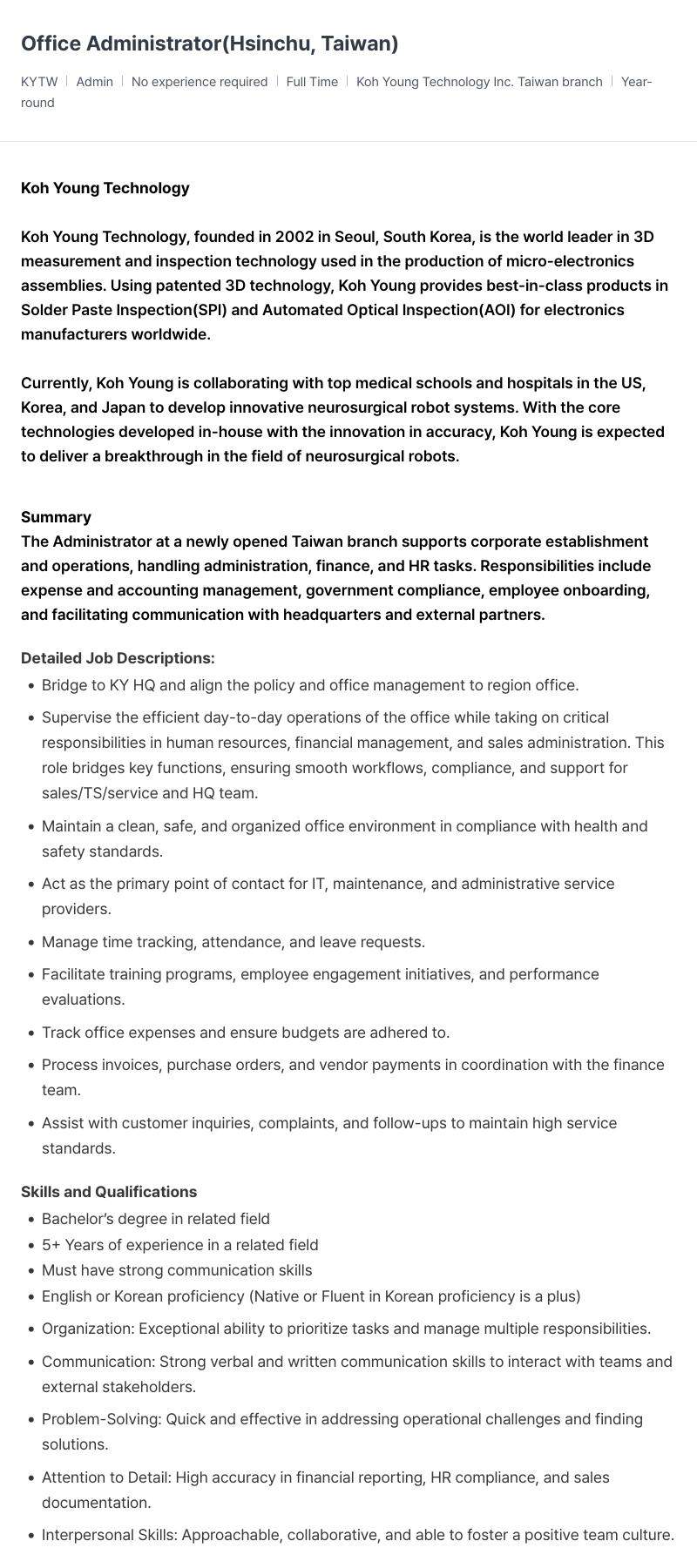 고영테크놀러지 Office Administrator (Hsinchu, Taiwan) 채용공고