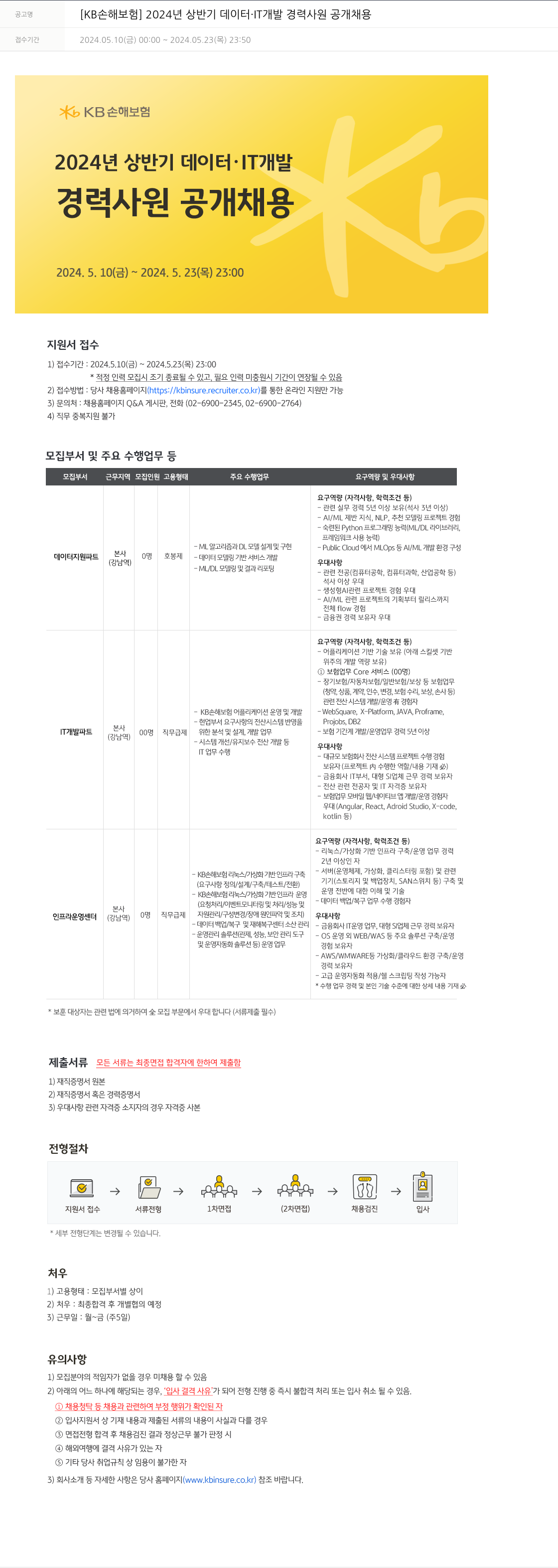 KB손해보험 2024년 상반기 데이터·IT 개발 경력 사원 공개 채용 채용공고