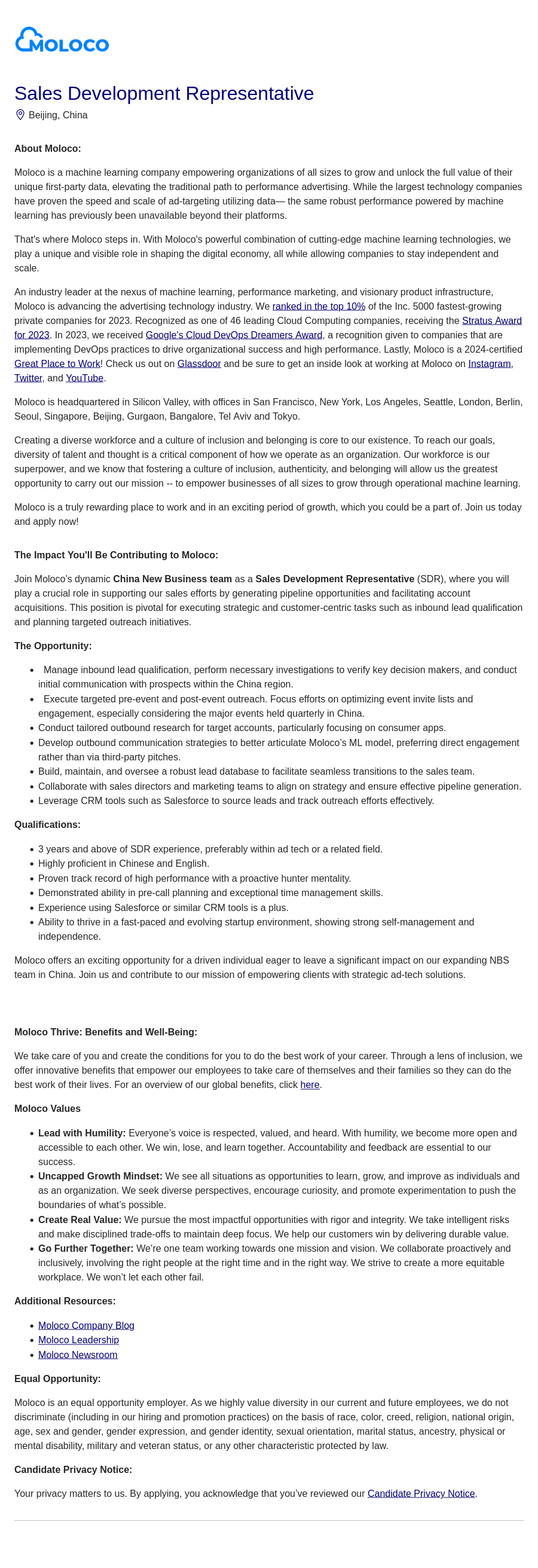 몰로코 Sales Development Representative (SDR) - China New Business Team 채용공고