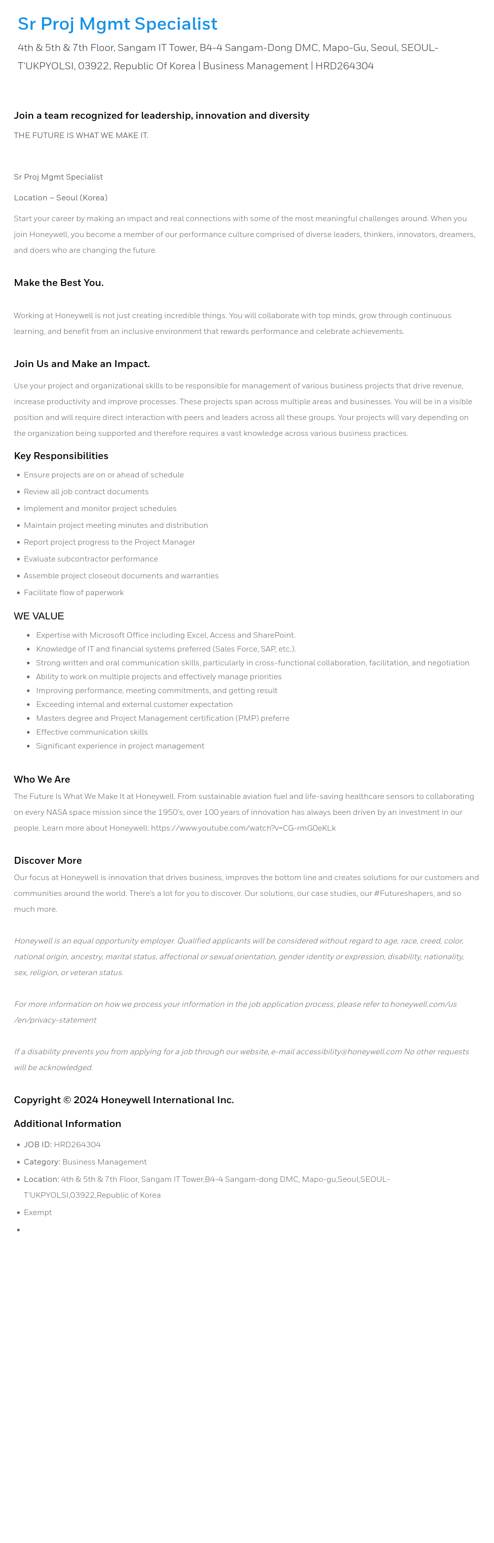 허니웰 Sr Proj Mgmt Specialist 채용공고