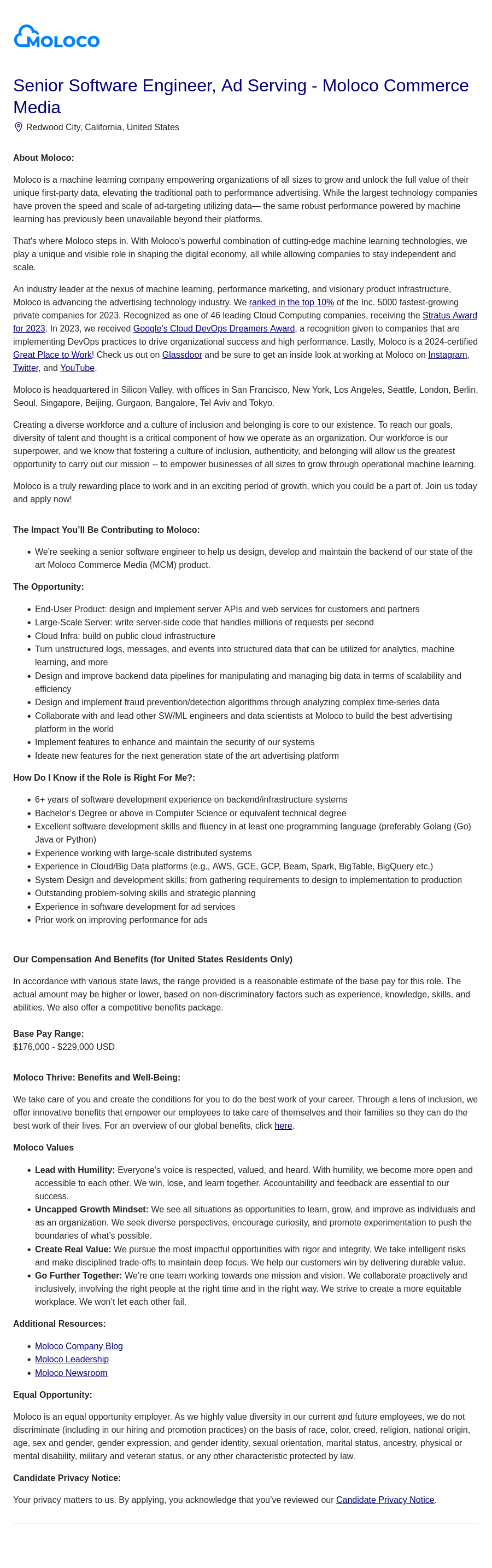 몰로코 Senior Software Engineer, Ad Serving - Moloco Commerce 채용공고