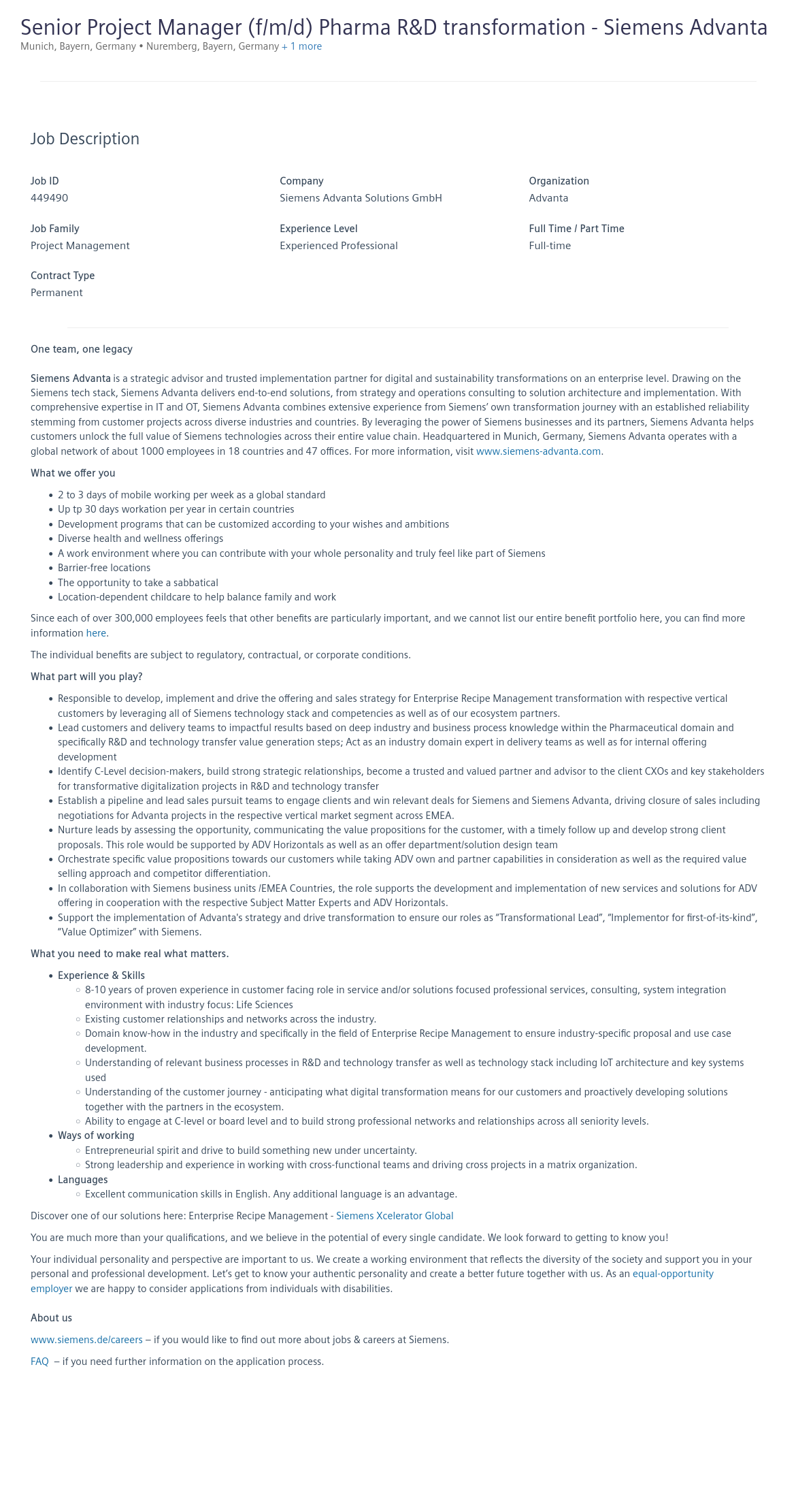지멘스 Senior Project Manager (f/m/d) Pharma R&D transformation 채용공고