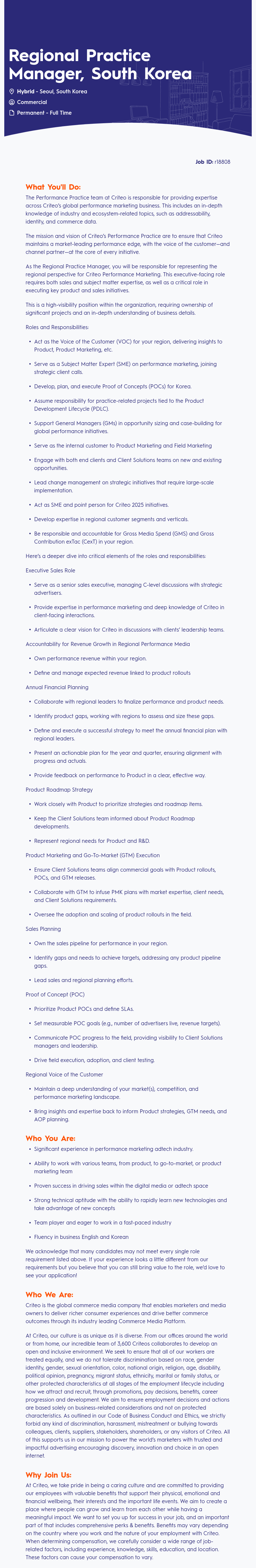 크리테오 Regional Practice Manager, South Korea (Performance Marketing) 채용공고