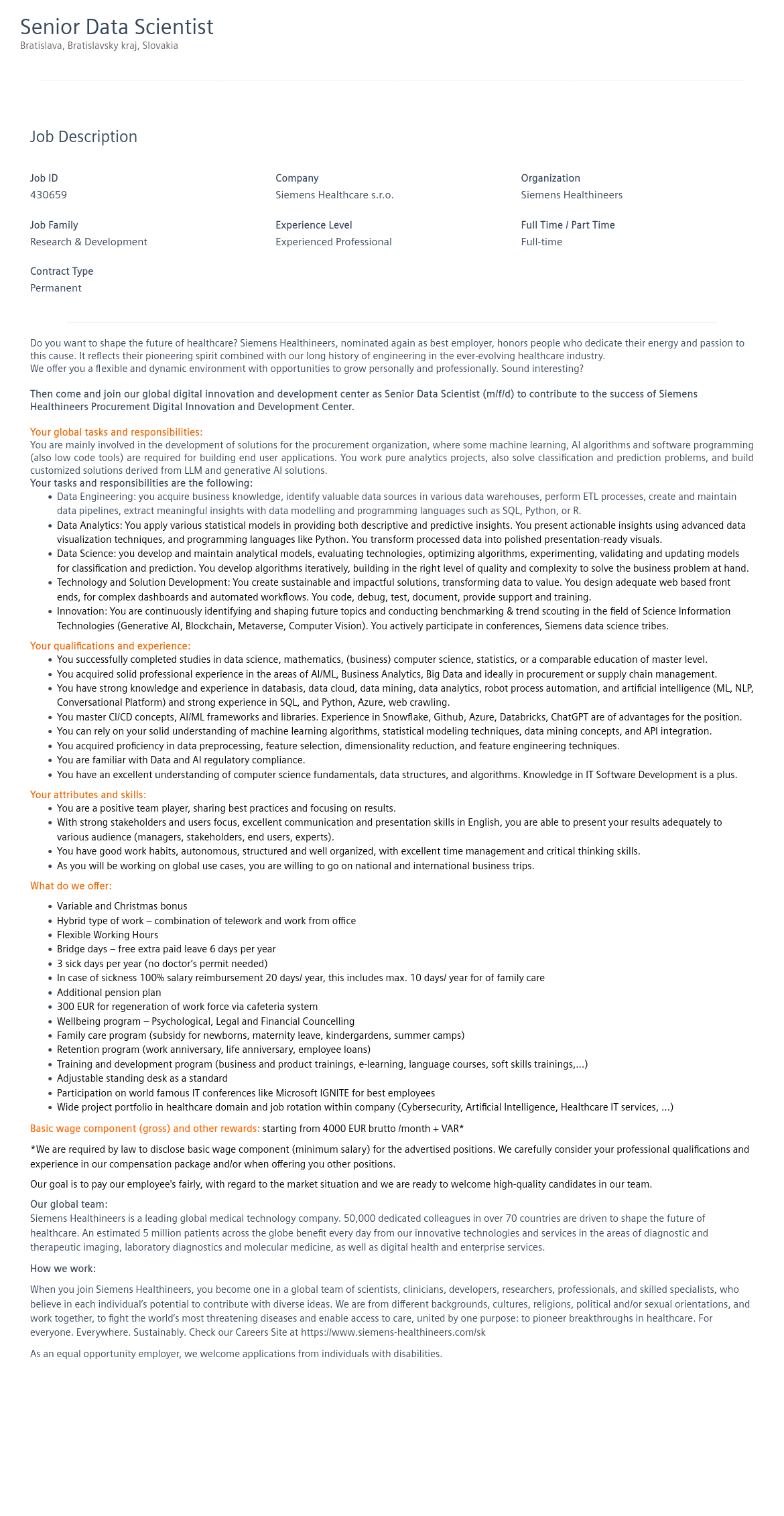 SiemensHealthineers Senior Data Scientist 채용공고