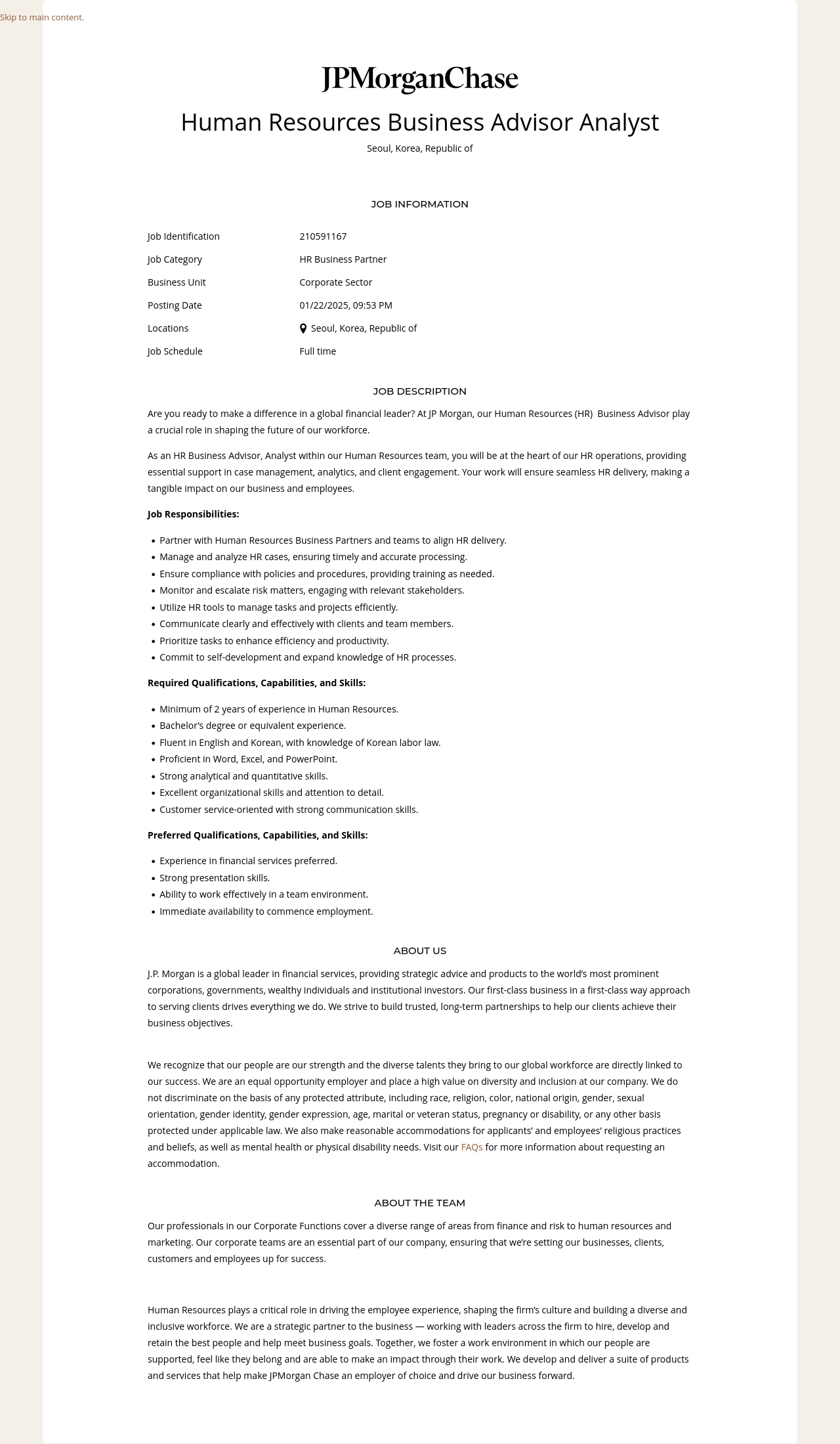 JPMorganChase Human Resources Business Advisor Analyst 채용공고