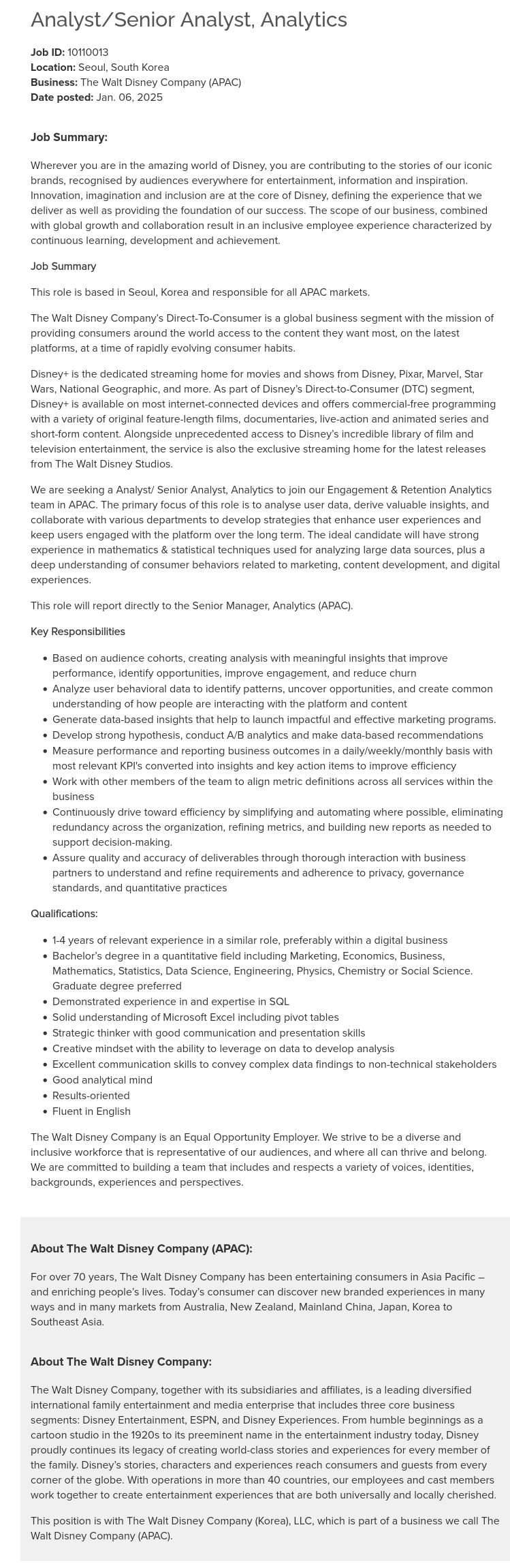 월트디즈니컴퍼니 Analyst / Senior Analyst, Analytics 채용공고