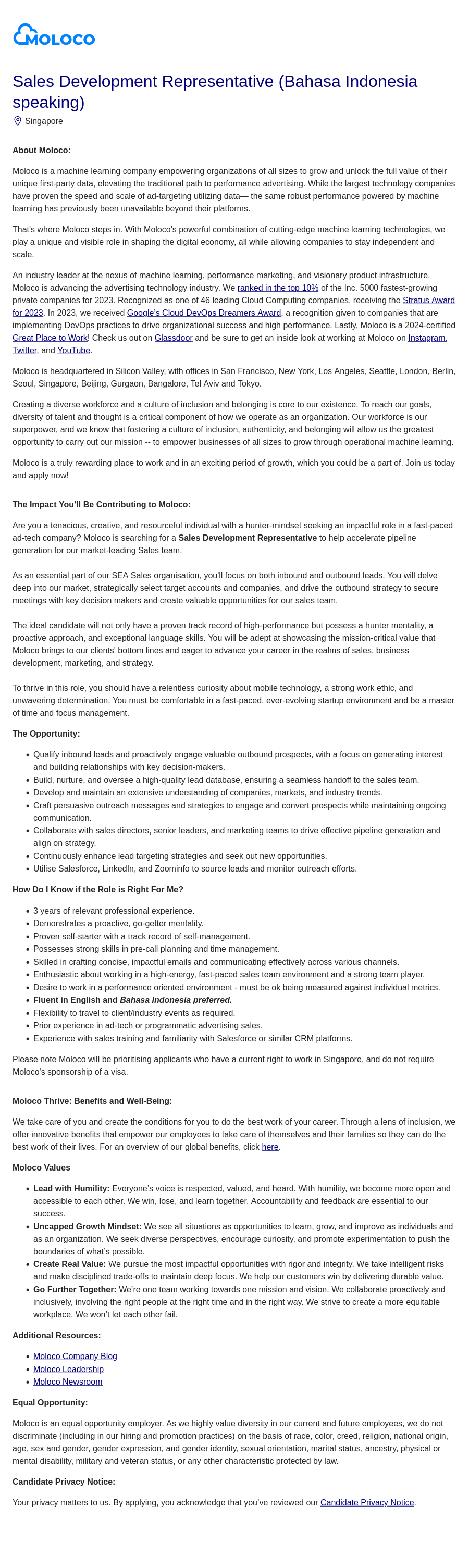 몰로코 Sales Development Representative (Bahasa Indonesia speaking) 채용공고