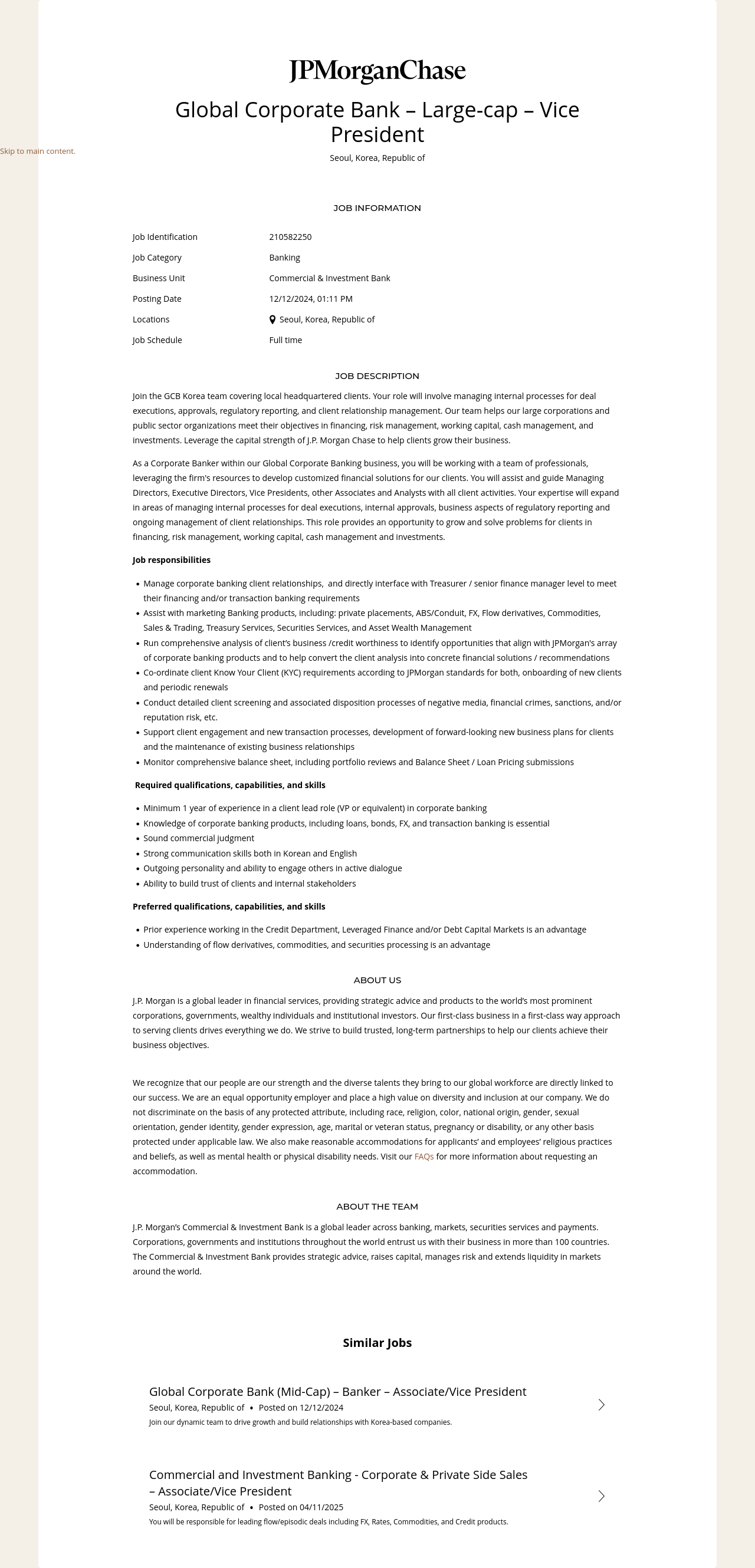 JPMorganChase Global Corporate Bank - Large-cap - Vice President 채용공고