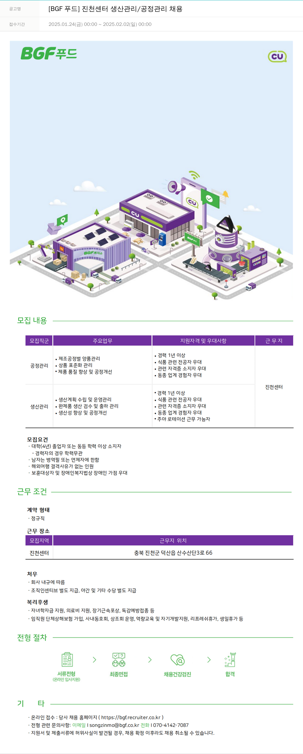 BGF푸드 [BGF 푸드] 진천 센터 생산 관리 / 공정 관리 채용 채용공고