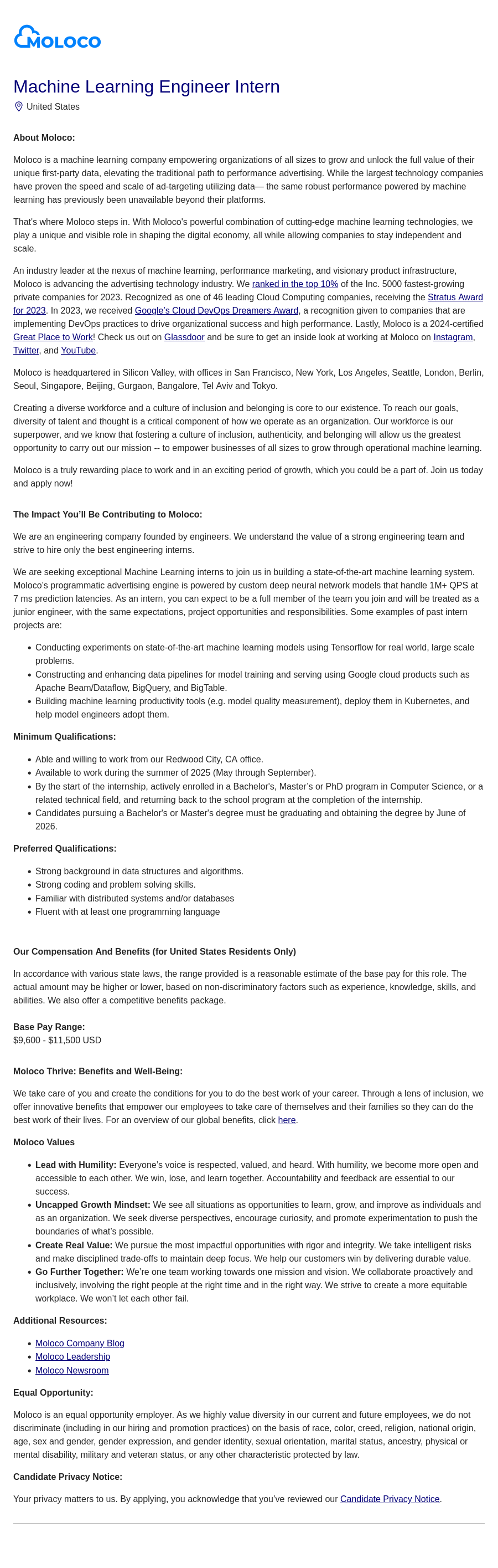 몰로코 Machine Learning Engineer Intern 채용공고