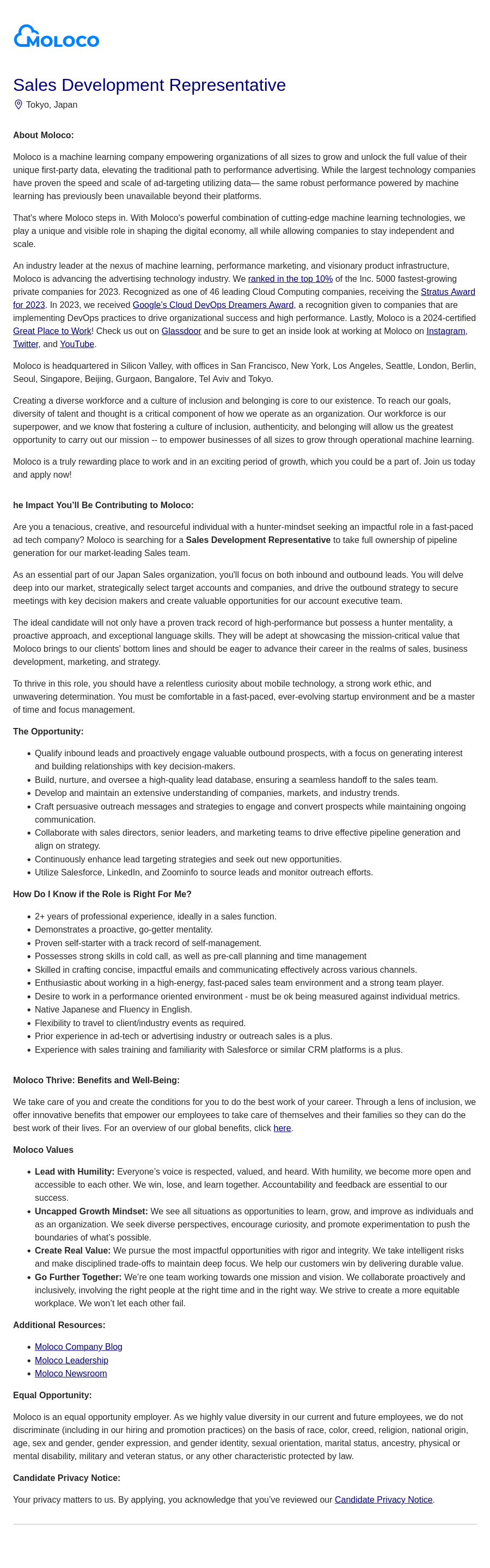 몰로코 Sales Development Representative (Tokyo, Japan) 채용공고