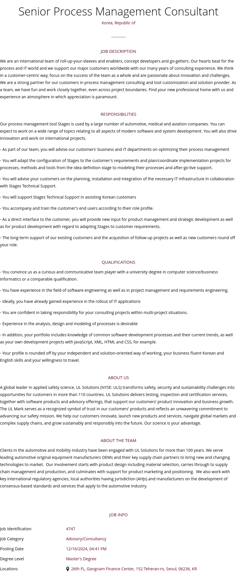 UL Solutions Senior Process Management Consultant 채용공고