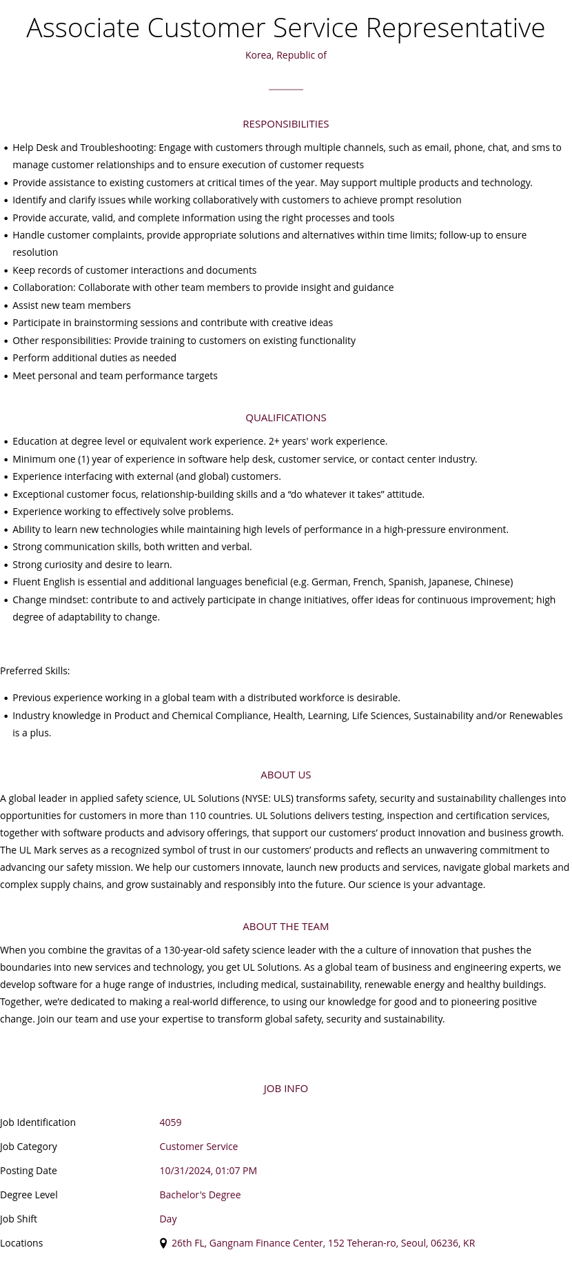 UL Solutions Associate Customer Service Representative 채용공고