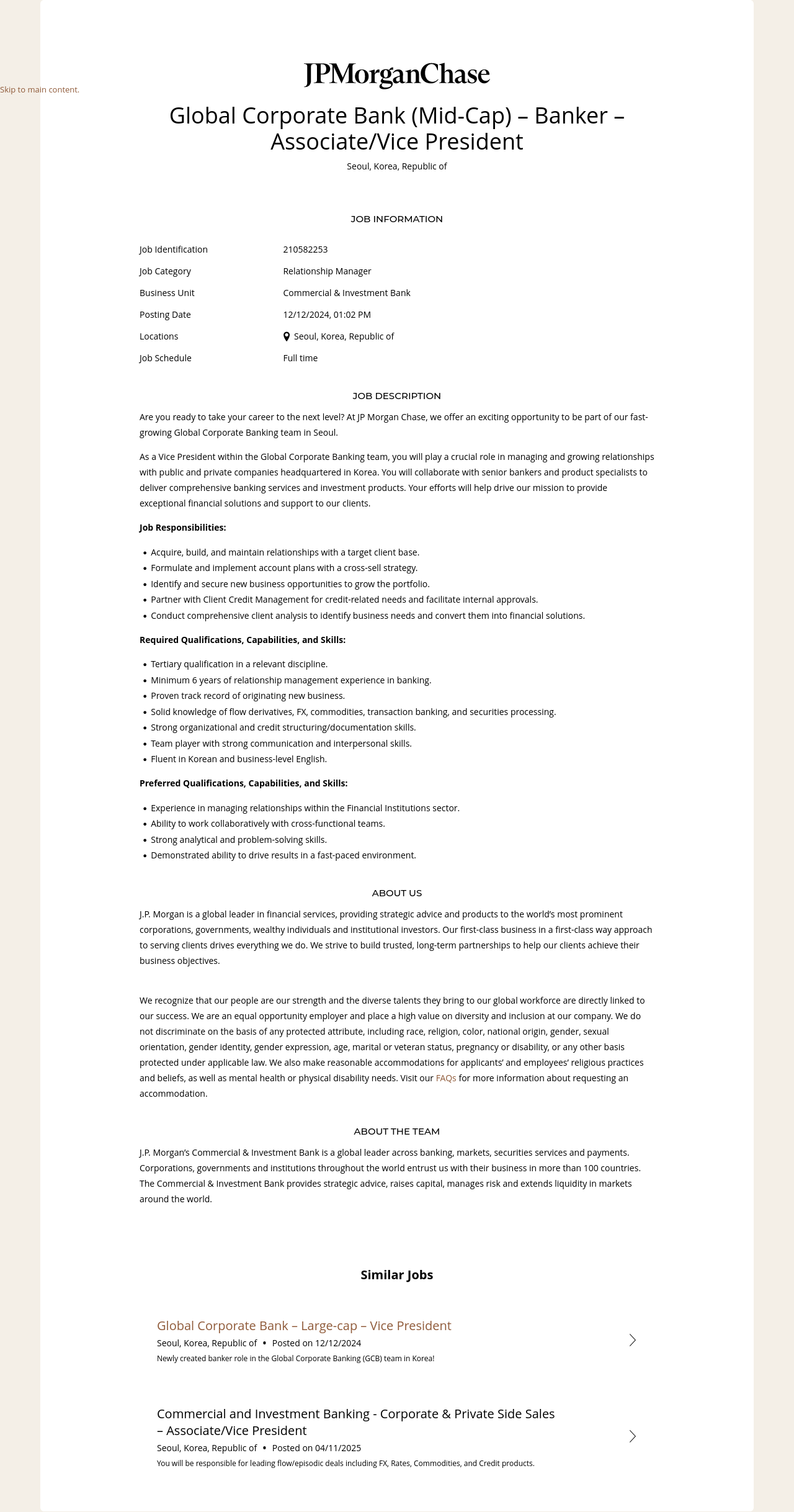 JPMorganChase Global Corporate Bank (Mid-Cap) - Banker - Associate / Vice President 채용공고