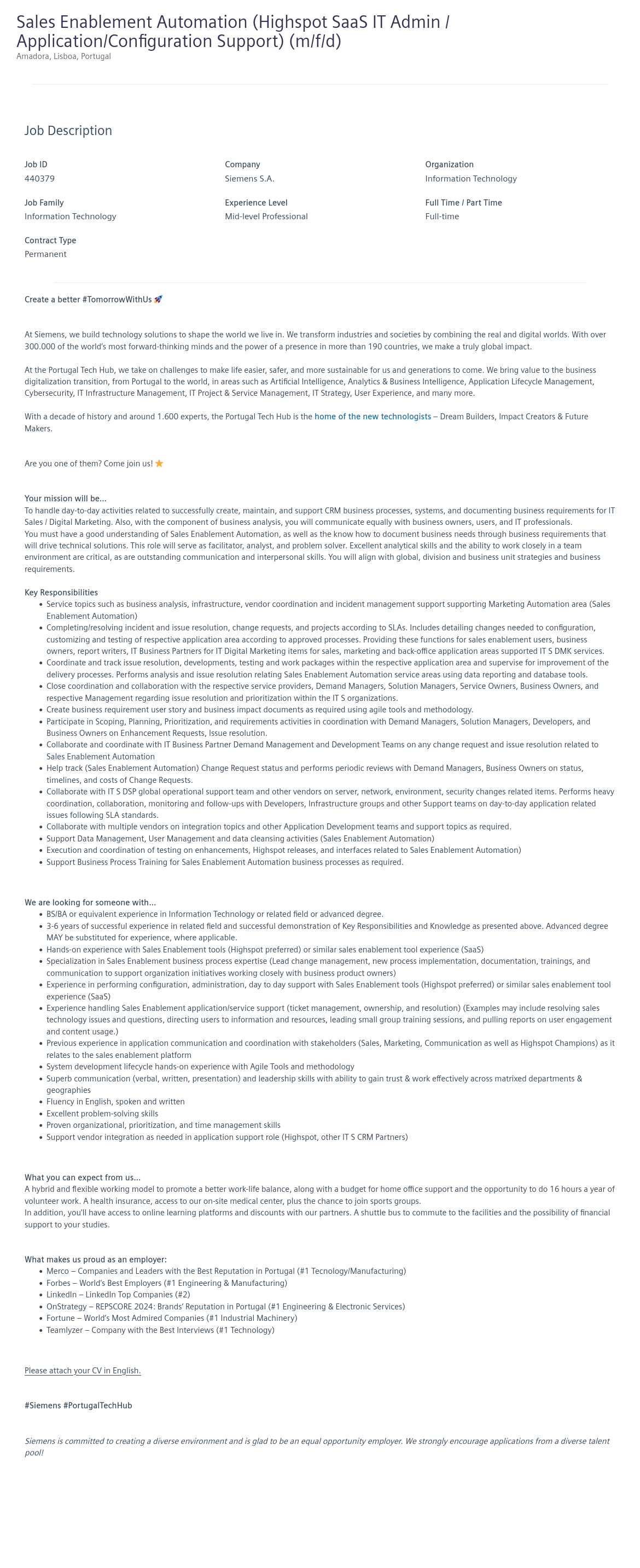 지멘스 Sales Enablement Automation (Highspot SaaS IT Admin / Application / Configuration Support) (m/f/d) 채용공고