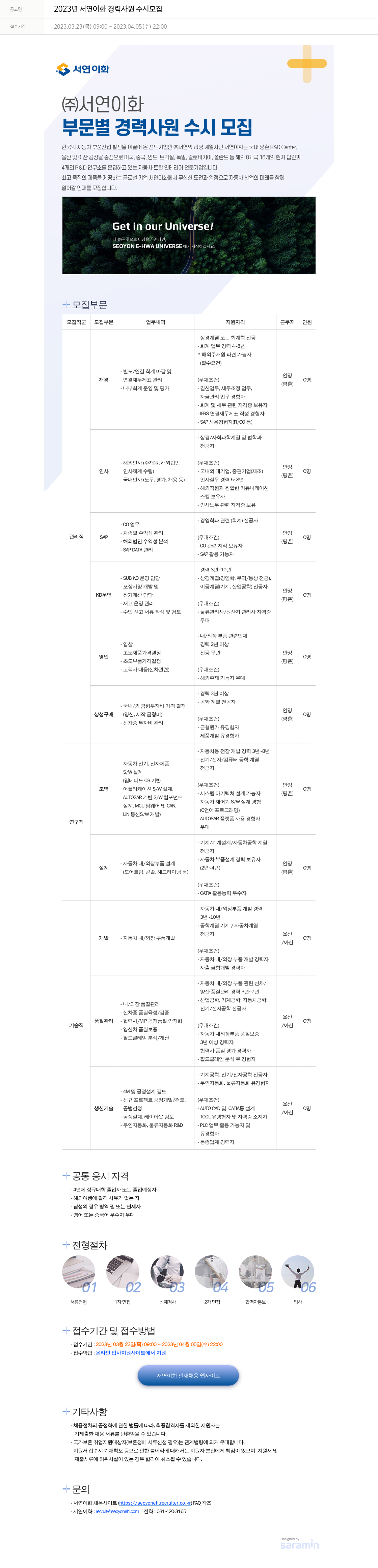 서연이화 2023년 서연이화 경력 사원 수시 모집 채용공고