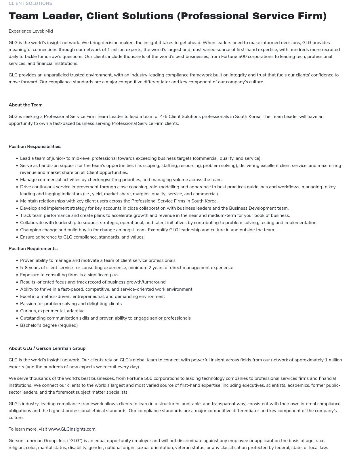 GLG Team Leader, Client Solutions (Professional Service Firm) 채용공고
