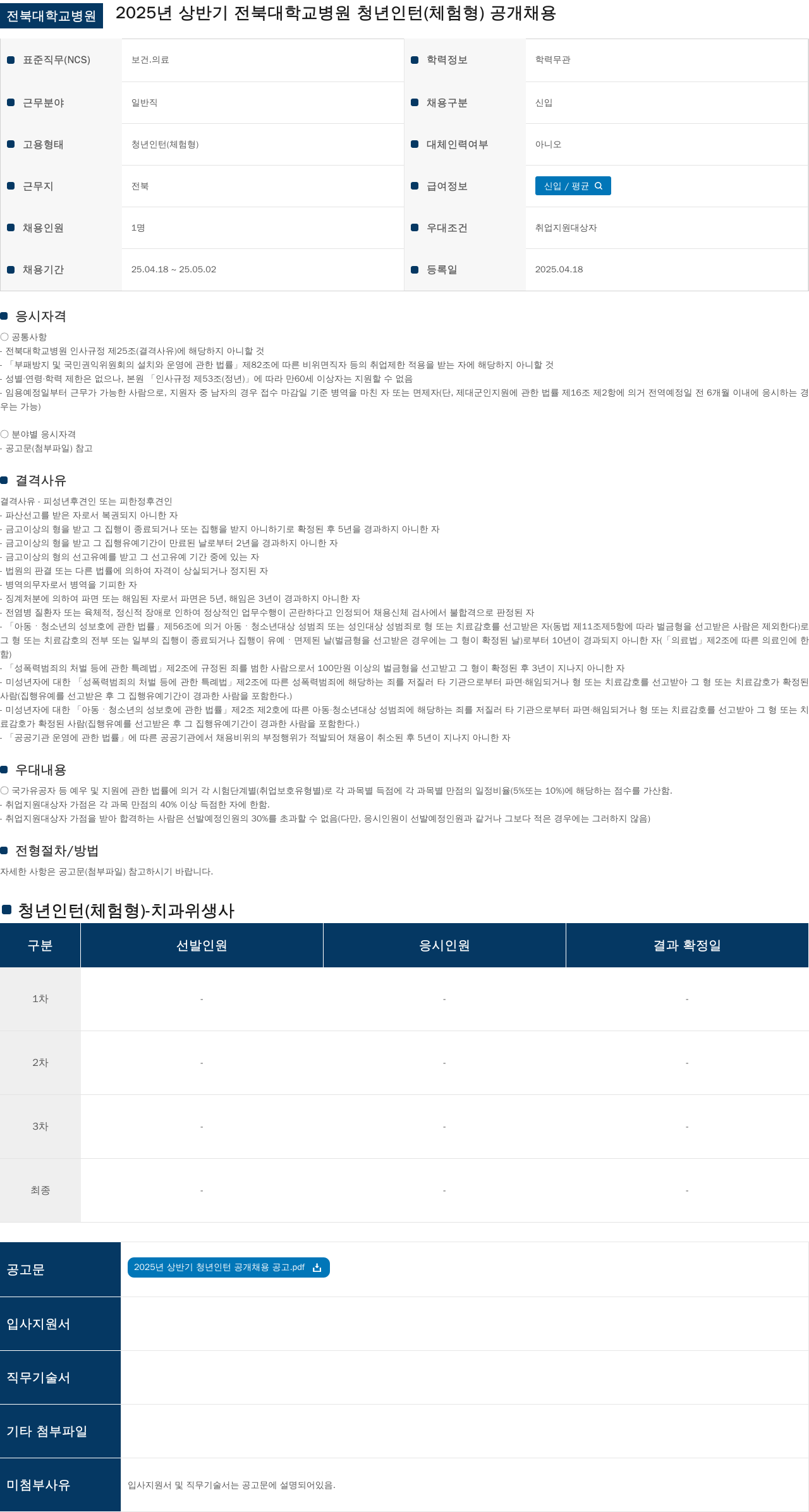 전북대학교병원 2025년 상반기 전북대학교병원 청년 인턴(체험형) 공개 채용 채용공고