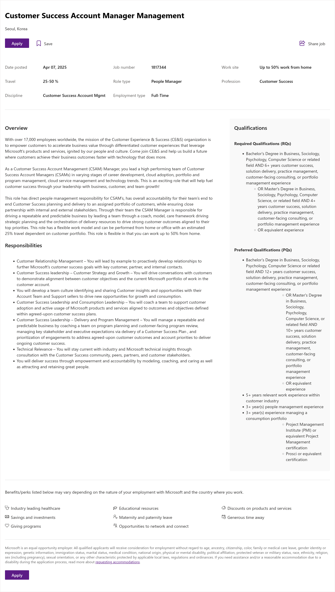 마이크로소프트(Microsoft) Customer Success Account Manager Management 채용공고