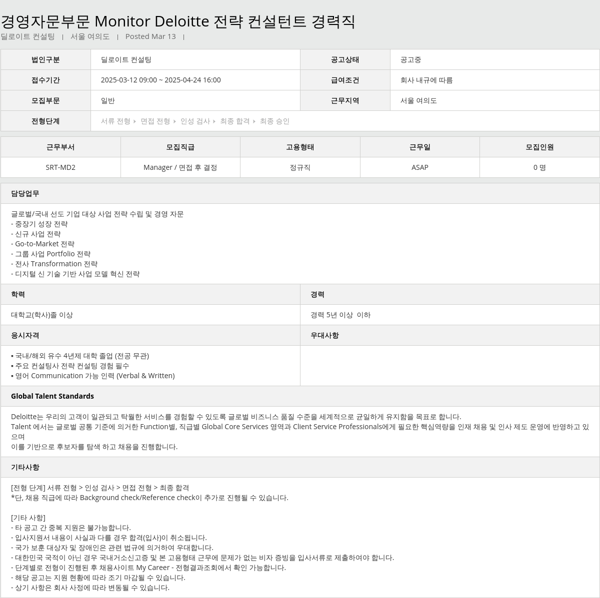 딜로이트안진 경영 자문 부문 Monitor Deloitte 전략 컨설턴트 경력직 채용공고