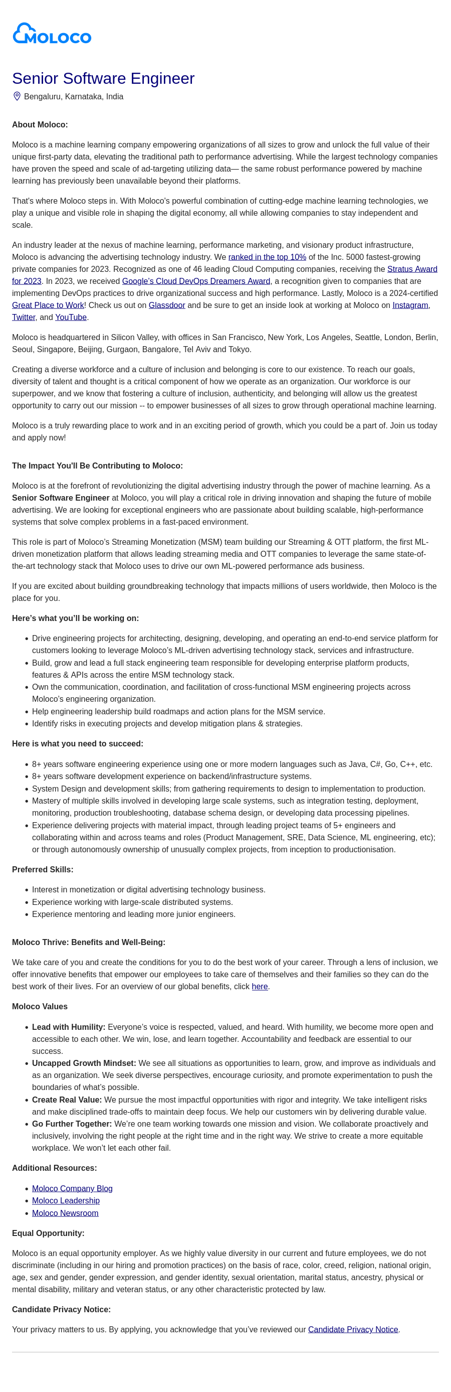 몰로코 Senior Software Engineer 채용공고