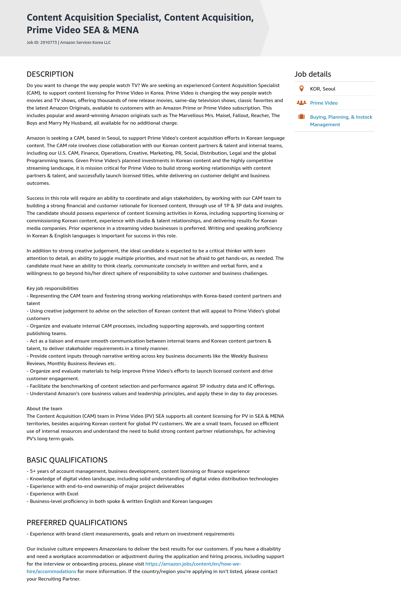 AWS Content Acquisition Specialist, Content Acquisition, Prime Video SEA & MENA 채용공고