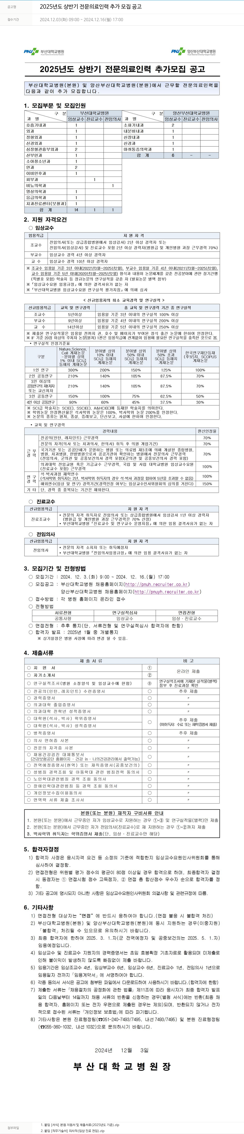 부산대학교병원 2025년도 상반기 전문 의료 인력 추가 모집 공고 채용공고