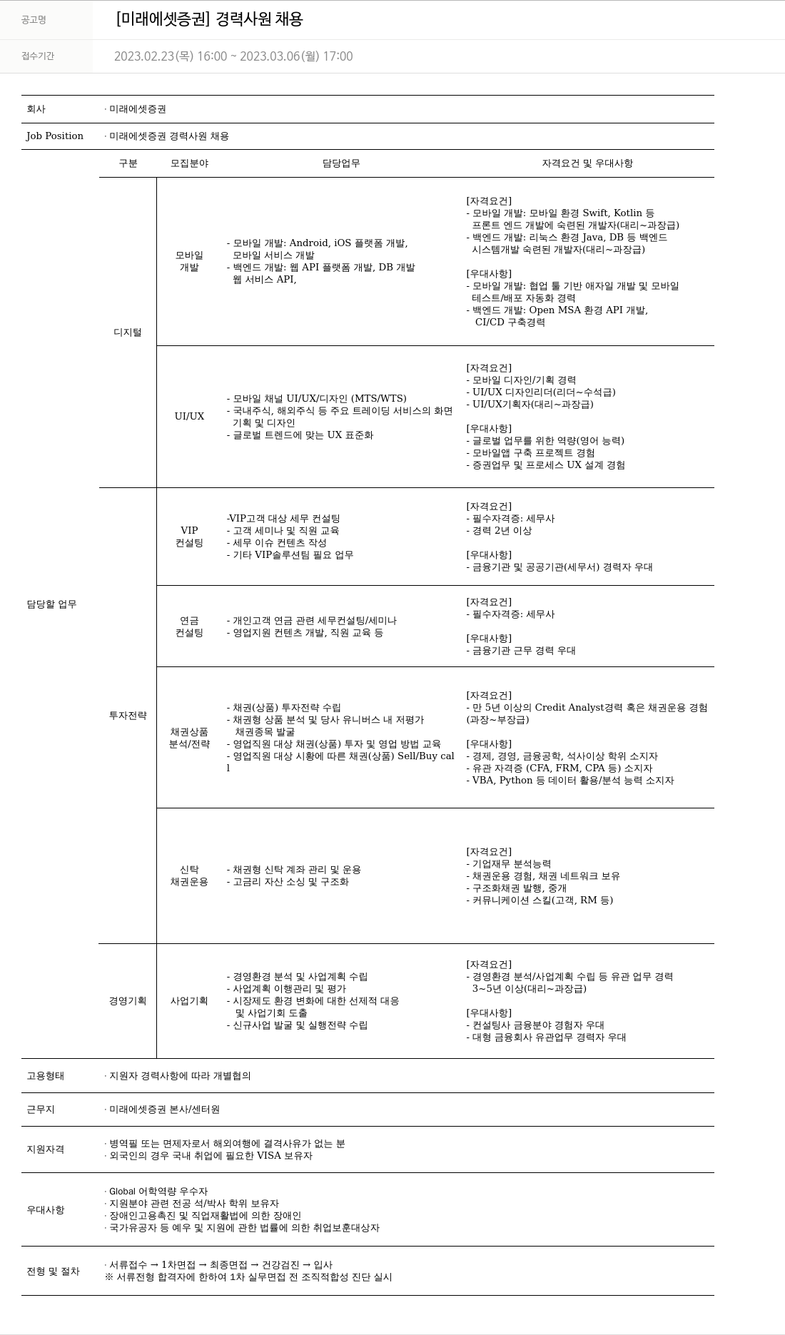 미래에셋증권 [미래에셋증권] 경력 사원 채용 채용공고