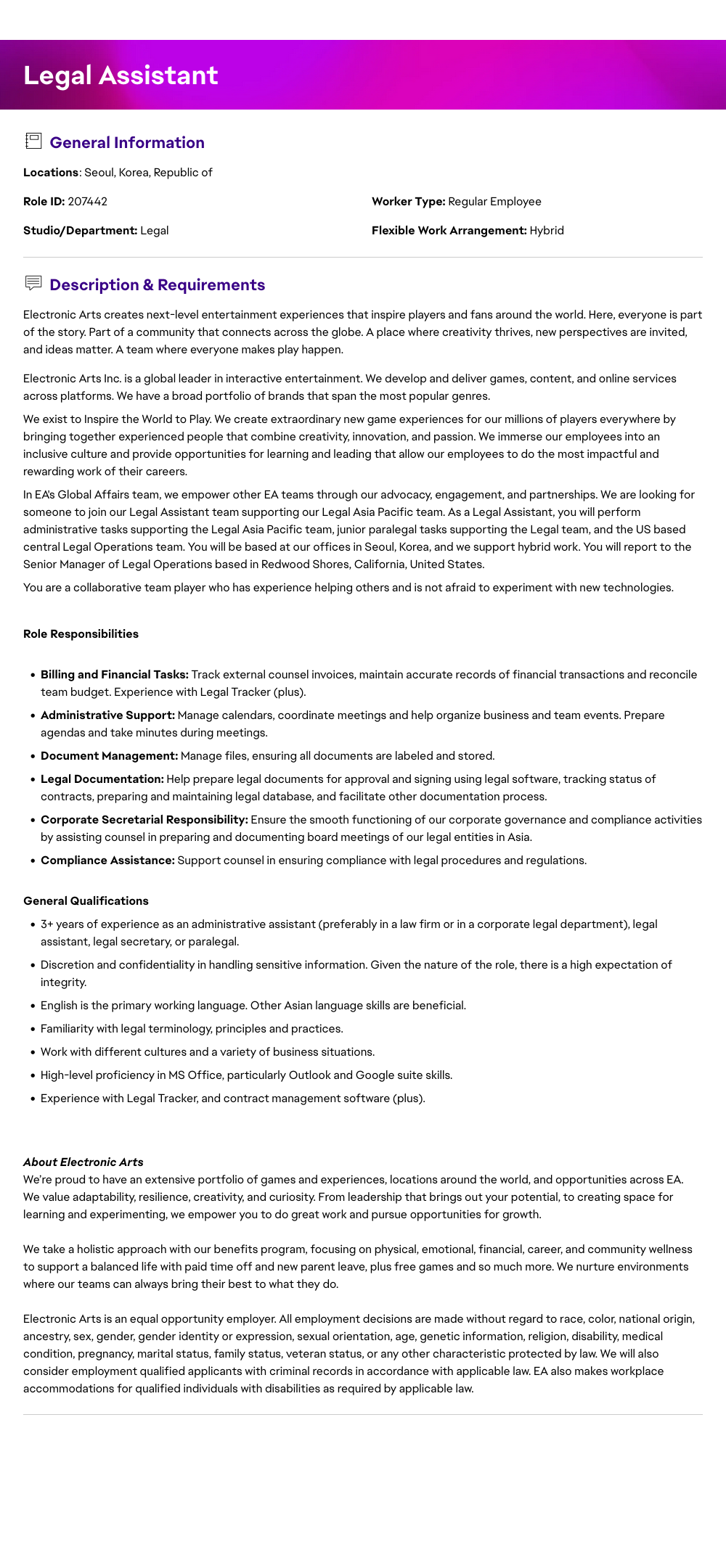 ElectronicArts Legal Assistant 채용공고