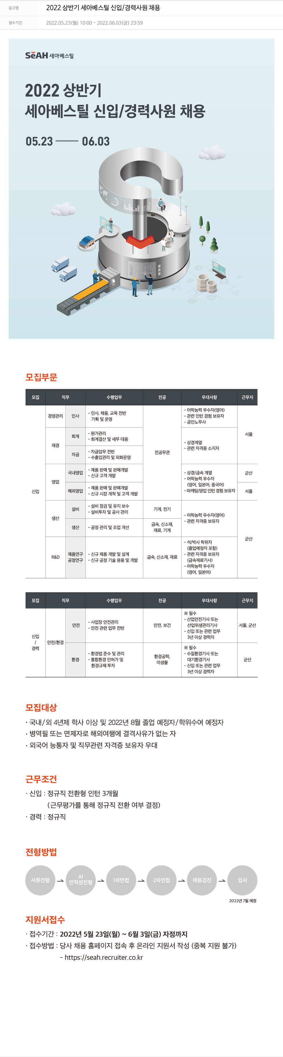 세아베스틸 2022 상반기 세아 베스틸 신입 / 경력 사원 채용 채용공고