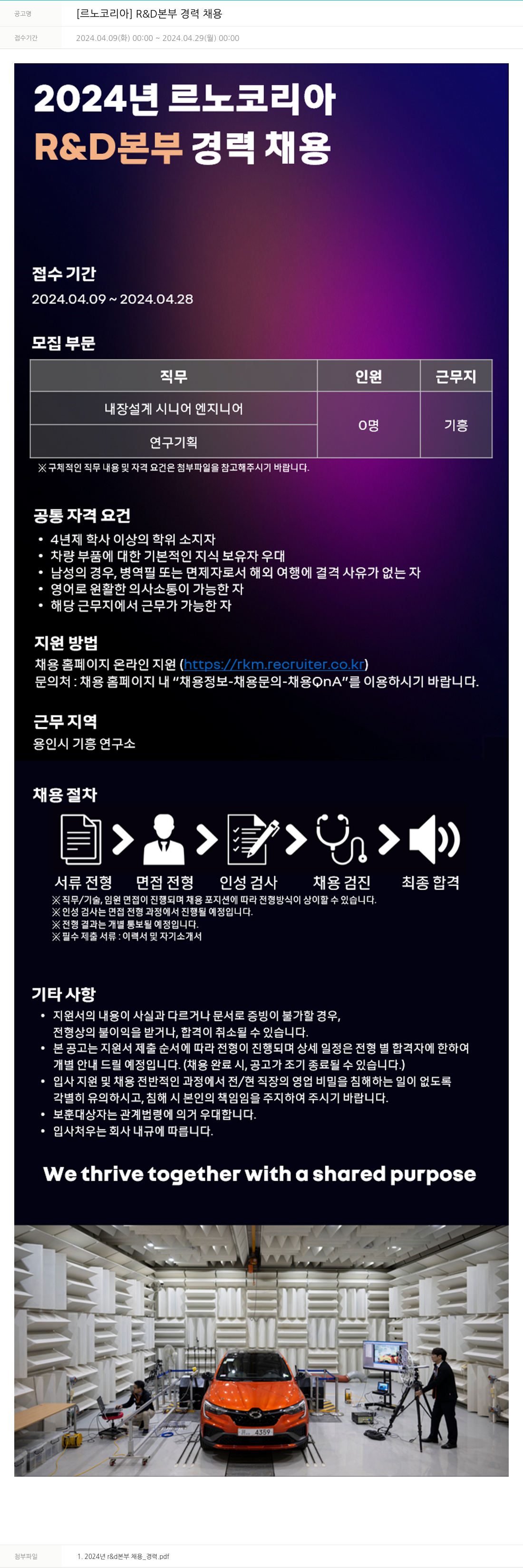 르노코리아 [르노 코리아] R & D 본부 경력 채용 채용공고