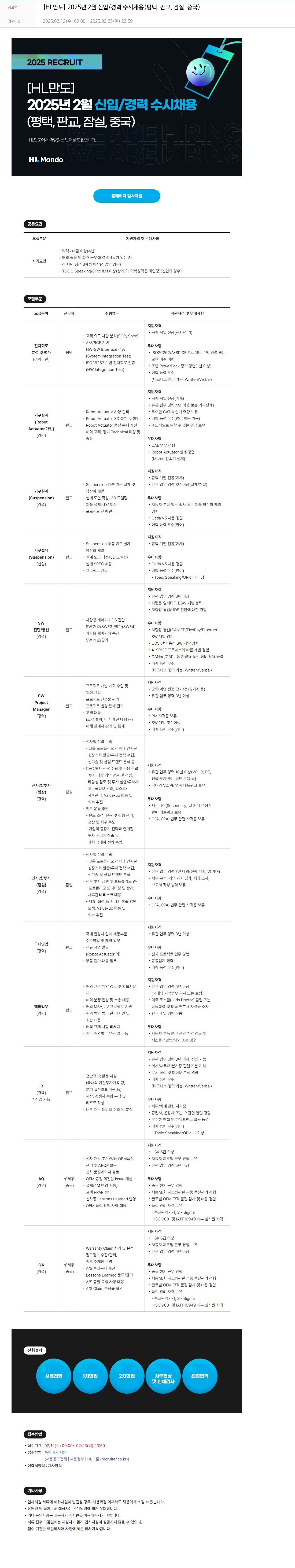 HL만도 2025년 2월 신입/경력 수시 채용 (평택, 판교, 잠실, 중국) 채용공고