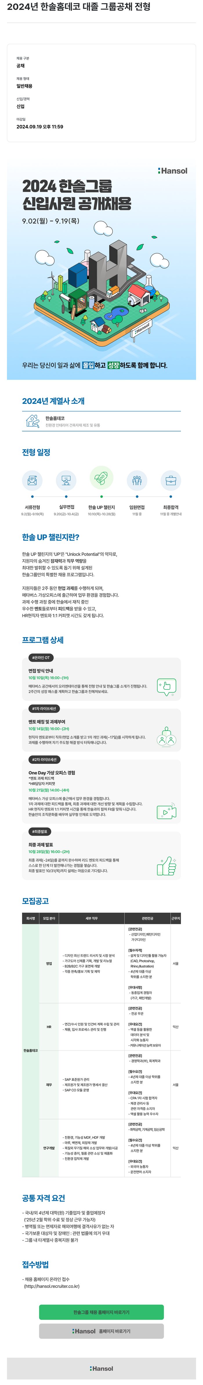 한솔홈데코 2024 한솔 홈 데코 대졸 그룹 공채 전형 채용공고