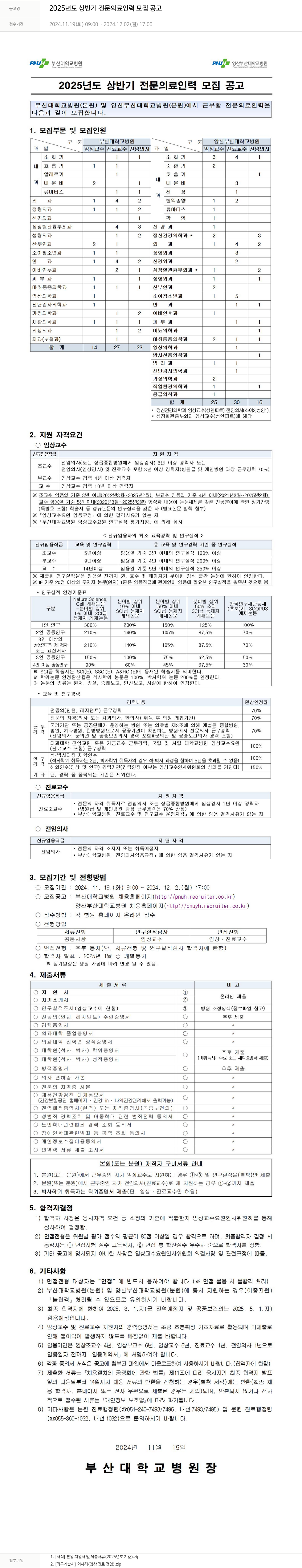 부산대학교병원 2025년도 상반기 전문 의료 인력 모집 공고 채용공고