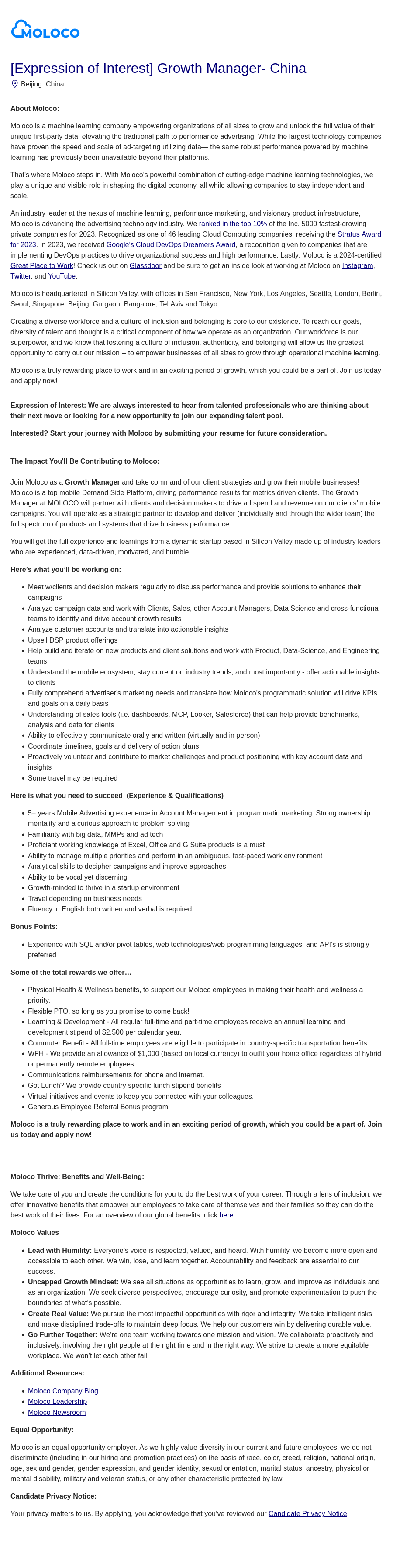 몰로코 [Expression of Interest] Growth Manager- China 채용공고