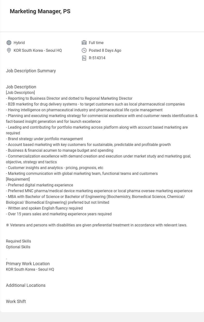 벡톤디킨슨코리아 Marketing Manager, PS 채용공고