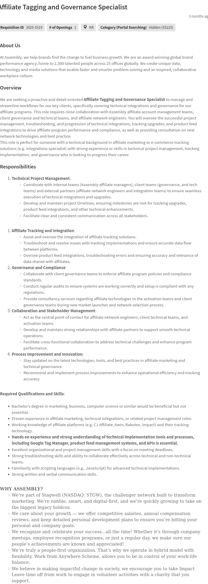 어셈블리 글로벌 Affiliate Tagging and Governance Specialist 채용공고